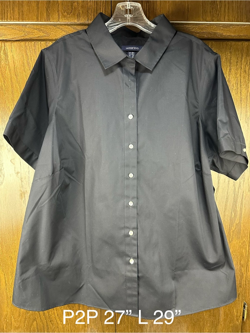 Lands’ End Women’s 22W Black Button Front Short Sleeve Shirt Top Cotton Blend
